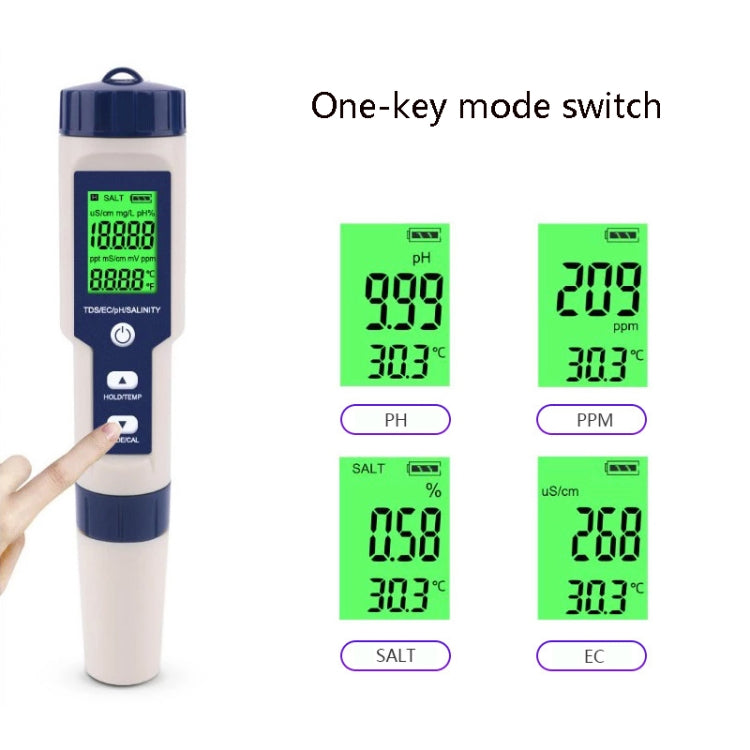 EZ-9909 PH/Salinity/Temperature/TDS/EC 5-in-1 Test Pen Multifunctional Water Quality Detector - PH & Moisture Meter by buy2fix | Online Shopping UK | buy2fix