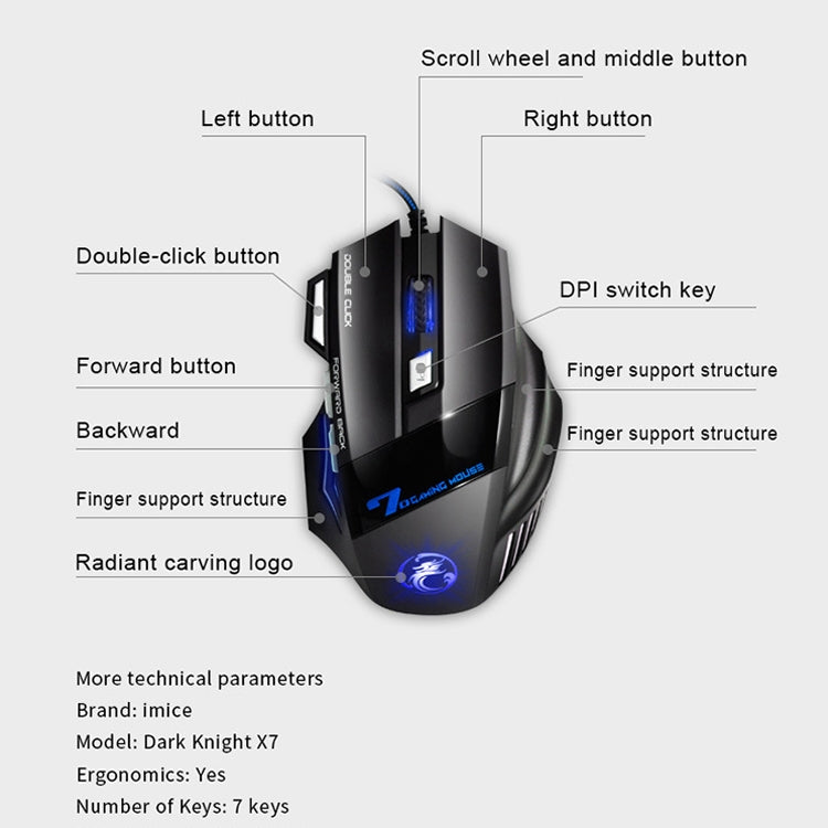 IMICE X7 2400 DPI 7-Key Wired Gaming Mouse with Colorful Breathing Light, Cable Length: 1.8m(Skin Black Color Box Version) by IMICE
