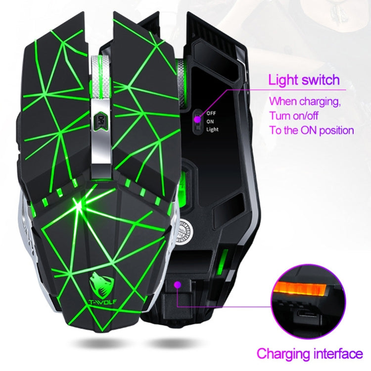 T-WOLF Q15 6-Buttons 1600 DPI Wireless Rechargeable Mute Office Gaming Mouse with 7 Color Breathing Light(Technology Black) by T-WOLF