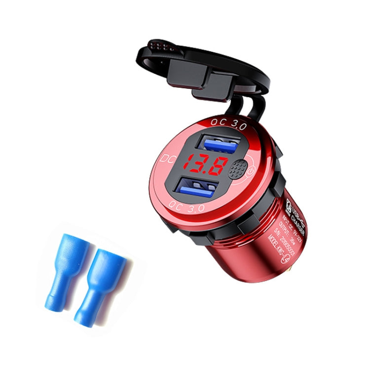 Aluminum Alloy Double QC3.0 Fast Charge With Button Switch Car USB Charger Waterproof Car Charger Specification: Red Shell Red Light With Terminal - DIY Modified Charger by buy2fix | Online Shopping UK | buy2fix