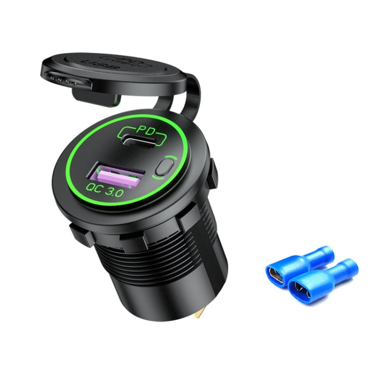 Car Motorcycle Ship Modified USB Charger Waterproof PD + QC3.0 Fast Charge, Model: Green Light With Terminal - DIY Modified Charger by buy2fix | Online Shopping UK | buy2fix