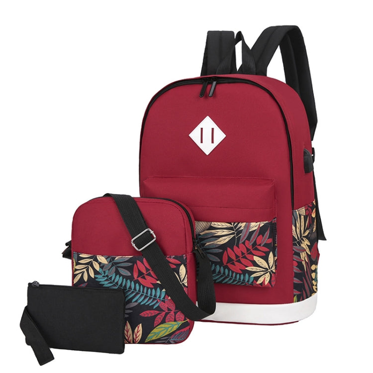 3 in 1 College Style Casual Backpack Student USB Charging Backpack(Leaves Red) - Double-shoulder Bags by buy2fix | Online Shopping UK | buy2fix