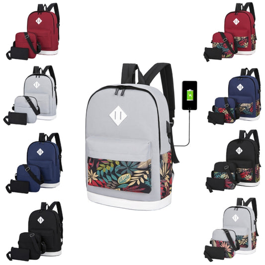 3 in 1 College Style Casual Backpack Student USB Charging Backpack(Leaves Red) by buy2fix