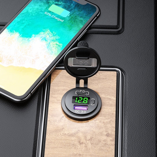 12V Modified Car USB Charger With Voltage Display PD QC3.0 Socket(With Terminal Green Light) by buy2fix