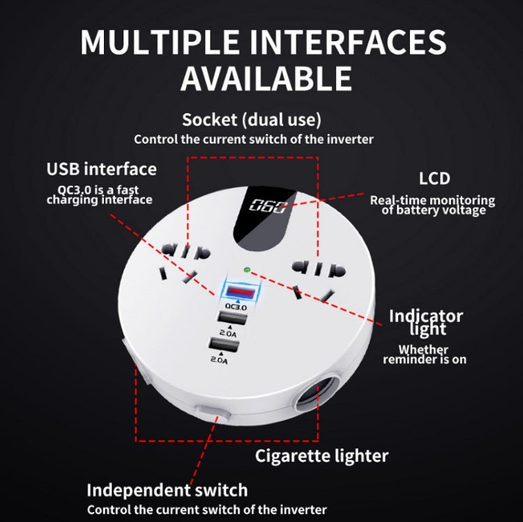 QC3.0 Car 12V 24V To 110V 220V Multi-function Inverter(White Round) - DIY Modified Charger by buy2fix | Online Shopping UK | buy2fix