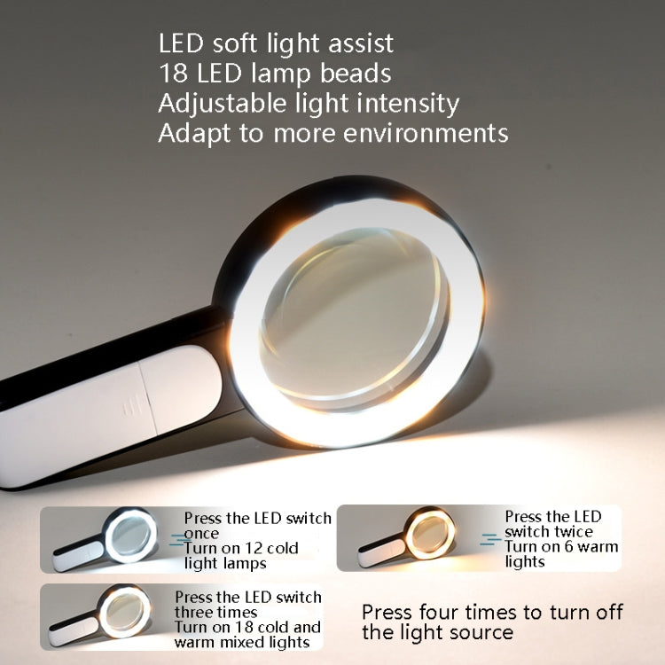 30 Times 18 LED Cool Warm Light HD Elderly Reading Repair Glass Magnifier(Gray White) - Hand Held Style by buy2fix | Online Shopping UK | buy2fix
