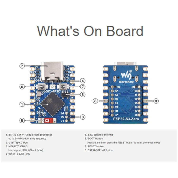 Waveshare ESP32-S3 Mini Development Board, Based On ESP32-S3FH4R2 Dual-Core Processor with Header - Boards & Shields by Waveshare | Online Shopping UK | buy2fix