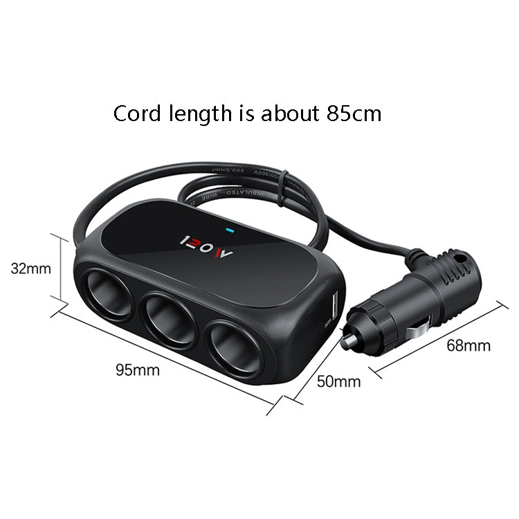 Car Charger Cigarette Lighter 1 In 3 Mobile Phone USB Car Charger(Black) - Cigar Socket by buy2fix | Online Shopping UK | buy2fix
