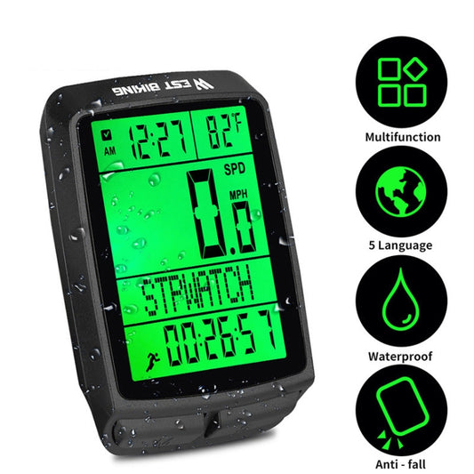 WEST BIKING 5 Languages Bicycle Waterproof Backlight Multifunction Wireless Odometer Speedometer(Black) by WEST BIKING