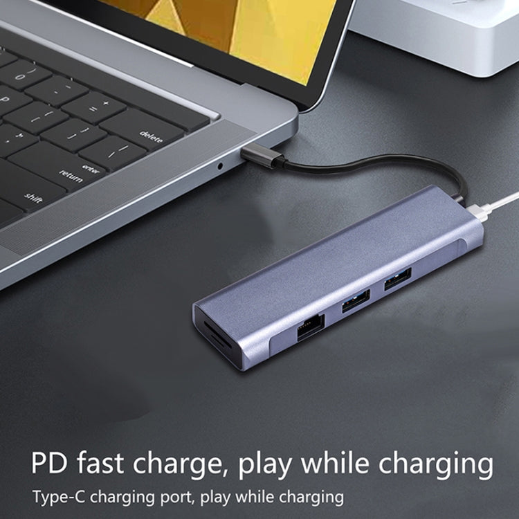 T1901 Type-C Docking Station Multifunction Adapter HD Media Interface + RJ45 + USB3.0 X 2 + SD + TF Multifunction Hub(6 in 1 Silver Gray) by buy2fix