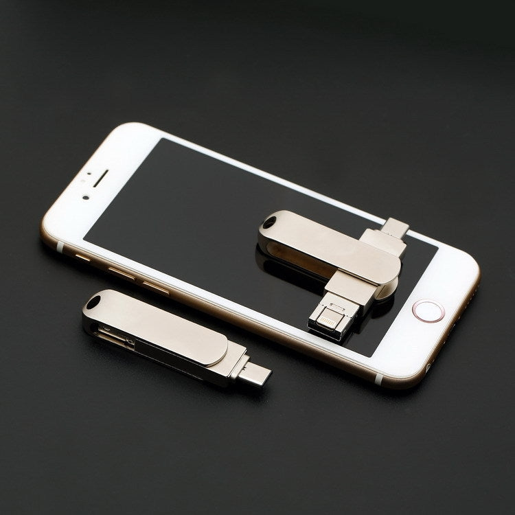 256GB USB 3.0 + 8 Pin + USB-C / Type-C 3 in 1 Phone Computer Rotatable Metal U-Disk by buy2fix