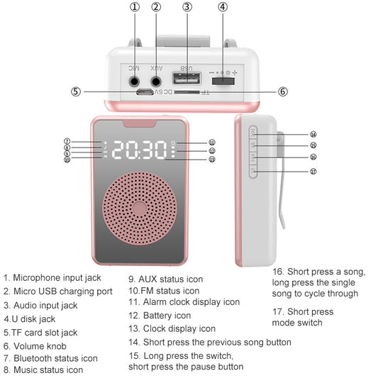 ZXL-H3 Portable Teaching Microphone Amplifier with Time Display, Spec: Wired Version (Black) by buy2fix