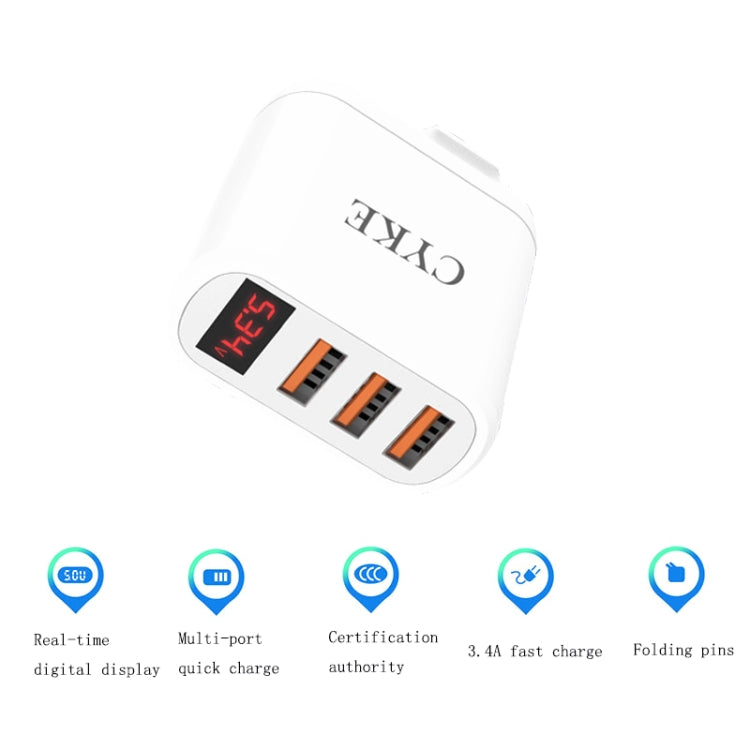 CYKE Smart Digital Display 3-Ports USB Travel Charger(EU Plug-Black) - USB Charger by CYKE | Online Shopping UK | buy2fix