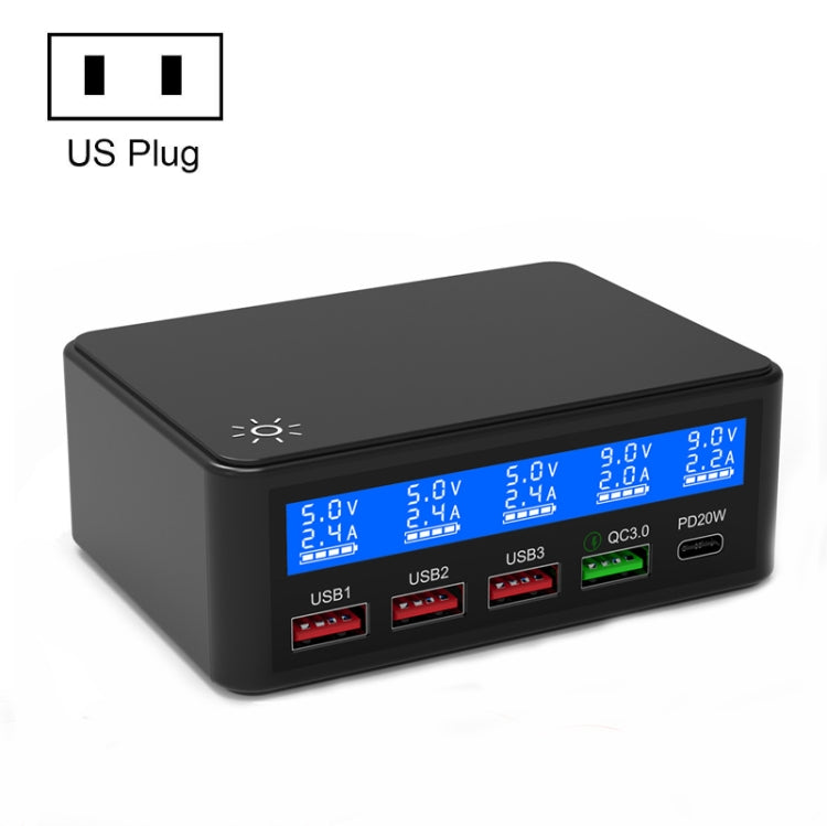 618 QC3.0 + PD20W + 3 x USB Ports Charger with Smart LCD Display, US Plug (Black) - Multifunction Charger by buy2fix | Online Shopping UK | buy2fix