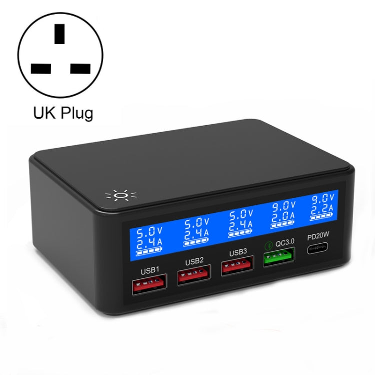 618 QC3.0 + PD20W + 3 x USB Ports Charger with Smart LCD Display, UK Plug (Black) - Multifunction Charger by buy2fix | Online Shopping UK | buy2fix