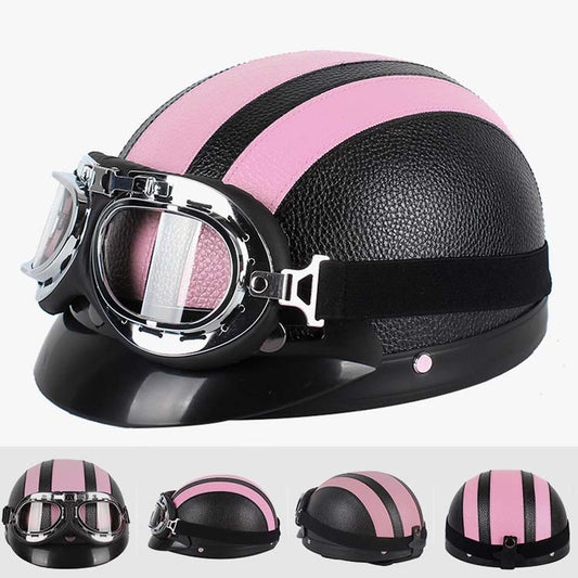 BSDDP A0318 PU Helmet With Goggles, Size: One Size(Black Pink) by BSDDP