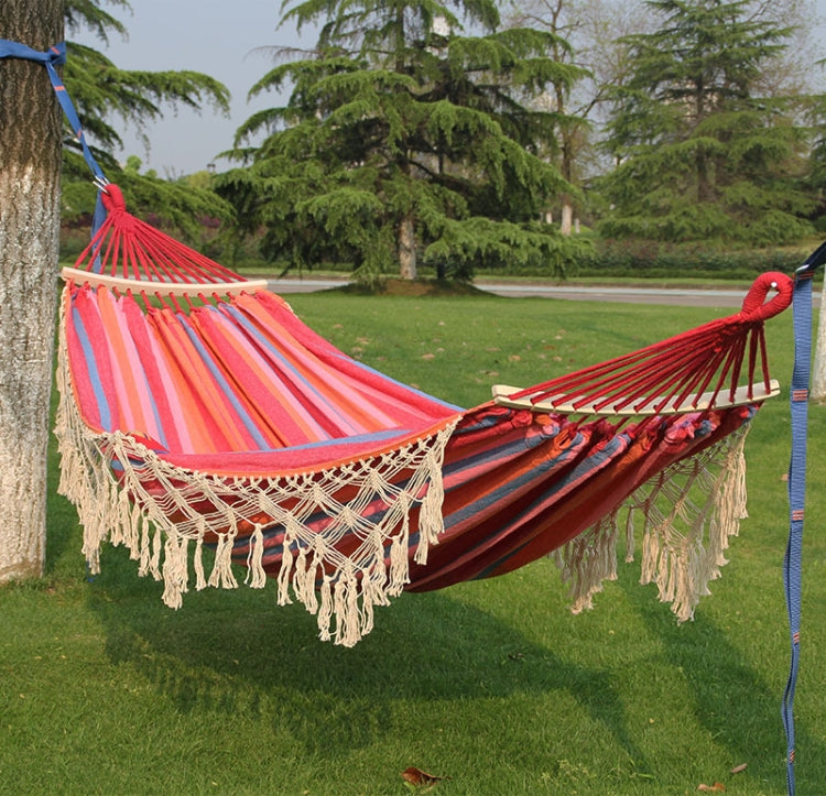 200x150cm Double Outdoor Camping Tassel Canvas Hammock with Stick(Pink Stripes) - Hammocks by buy2fix | Online Shopping UK | buy2fix
