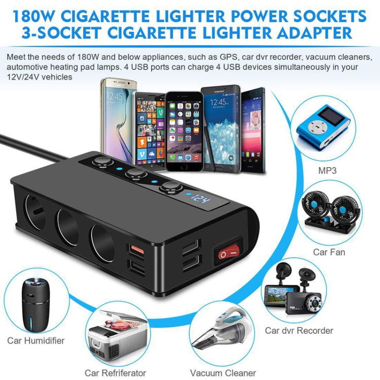 TR24 3 In 1 Car Cigarette Lighter Independent Switch Charger(Black) - Cigar Socket by buy2fix | Online Shopping UK | buy2fix