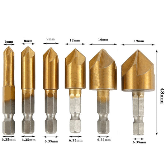 6 PCS / Set 6-19mm  Hexagonal Handle Titanium-Plated Five-Blade Chamer 90 Degree Chamfer Knife Drill - Drill & Drill Bits by buy2fix | Online Shopping UK | buy2fix