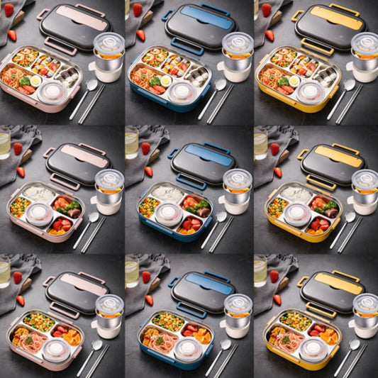 304 Stainless Steel Double-Layer Large-Capacity Portable Lunch Box, Color: Lemon Yellow(Medium 4 Grid) - Cutlery Sets by buy2fix | Online Shopping UK | buy2fix