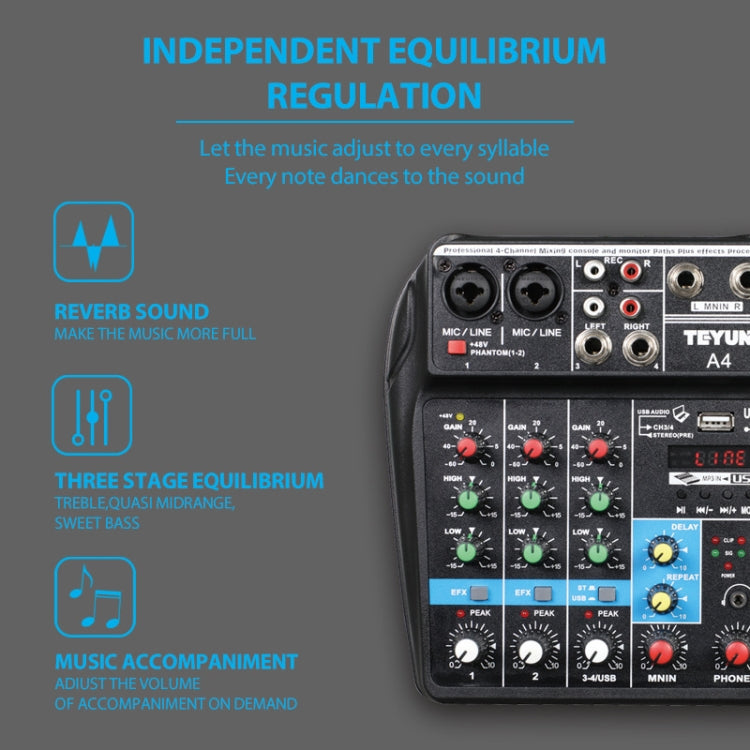 TEYUN A4 4-way Small Microphone Digital Mixer Live Recording Effector(EU Plug) - Live Sound Effects Processors by TEYUN | Online Shopping UK | buy2fix