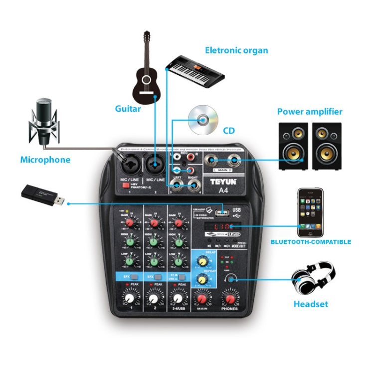 TEYUN A4 4-way Small Microphone Digital Mixer Live Recording Effector(EU Plug) - Live Sound Effects Processors by TEYUN | Online Shopping UK | buy2fix