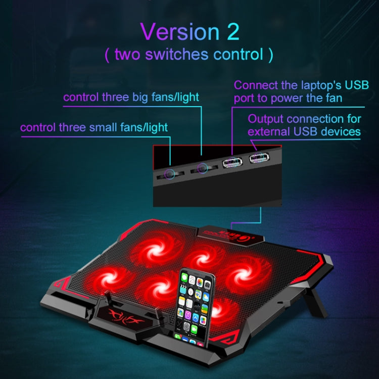 CoolCold 17inch Gaming Laptop Cooler Six Fan Two USB Port 2600RPM Laptop Cooling Pad( Black Red) - Cooling Pads by CoolCold | Online Shopping UK | buy2fix