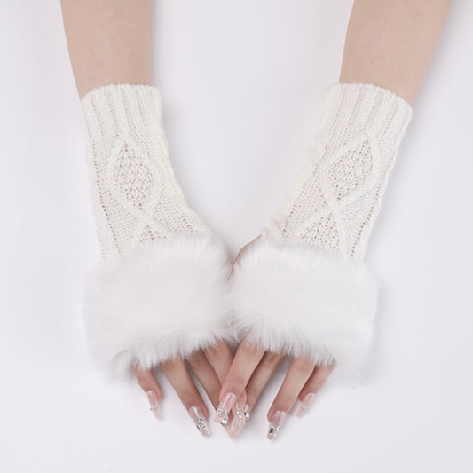 Ladies Short Type Furry Gloves Diamond Knit Warm Fingerless Arm Sleeves(White) by buy2fix