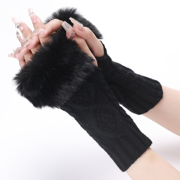 Ladies Short Type Furry Gloves Diamond Knit Warm Fingerless Arm Sleeves(Black) - Others by buy2fix | Online Shopping UK | buy2fix