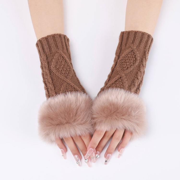Ladies Short Type Furry Gloves Diamond Knit Warm Fingerless Arm Sleeves(Khaki) - Others by buy2fix | Online Shopping UK | buy2fix