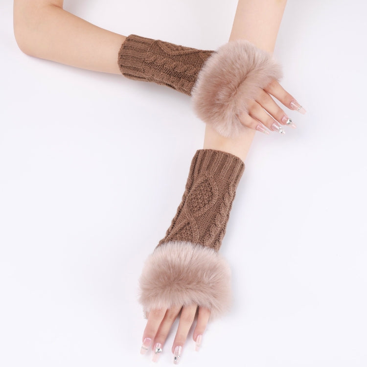 Ladies Short Type Furry Gloves Diamond Knit Warm Fingerless Arm Sleeves(Khaki) - Others by buy2fix | Online Shopping UK | buy2fix