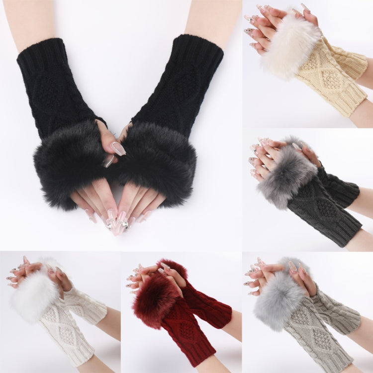 Ladies Short Type Furry Gloves Diamond Knit Warm Fingerless Arm Sleeves(White) by buy2fix