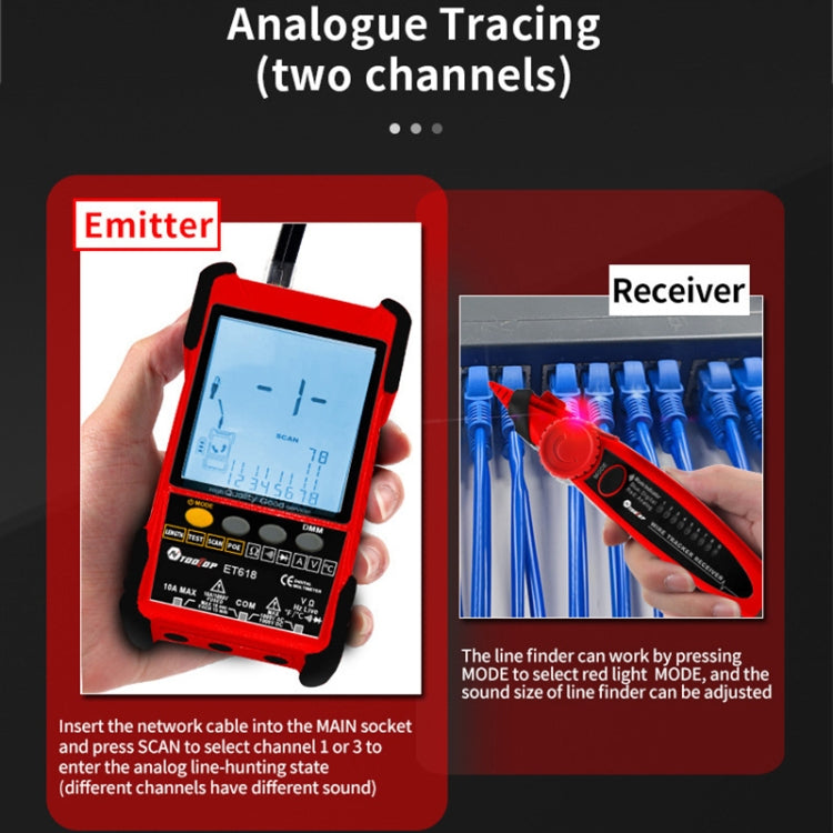 ET618 Rechargeable Adjustable Network Cable Tester Wire Tracker POE Cable Tester (Red) - Current & Voltage Tester by buy2fix | Online Shopping UK | buy2fix