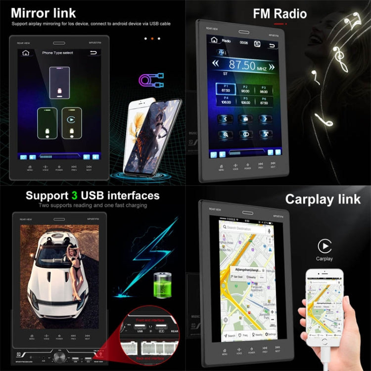 9520C Double Spindle 9.5 inch Vertical Screen Car MP5 Player, Style: Standard+4 Light Camera - Car MP3 & MP4 & MP5 by buy2fix | Online Shopping UK | buy2fix