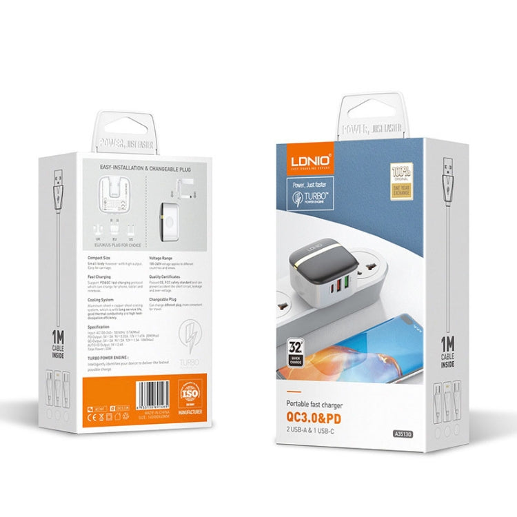 LDNIO A3513Q 32W QC3.0 3 USB Ports Phone Adapter UK Plug with Type-C to 8 Pin Cable by LDNIO