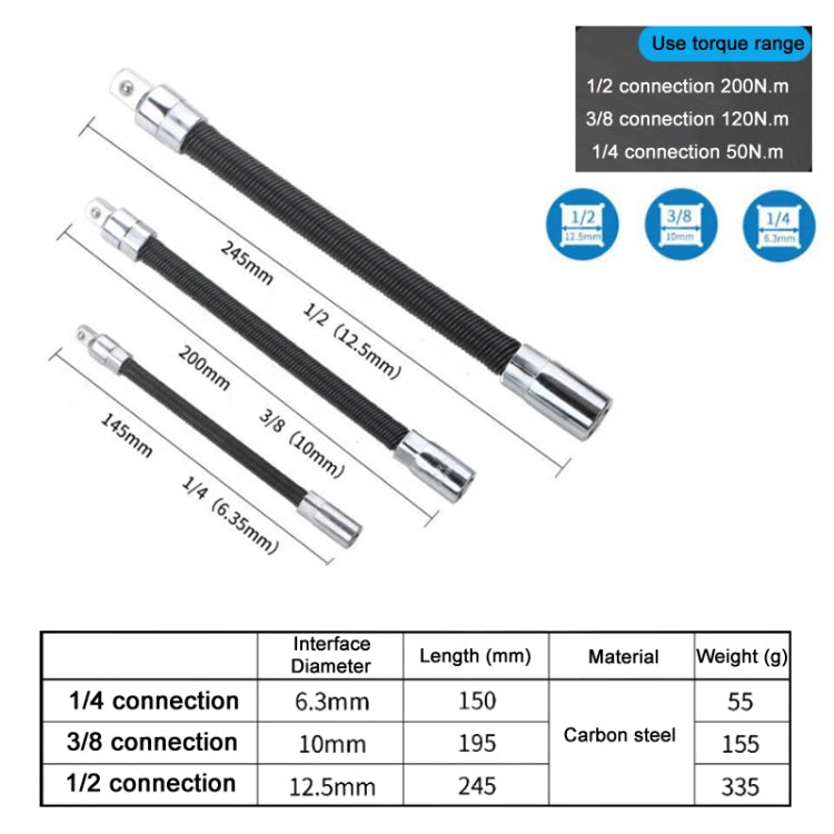 3 PCS/Set 1/4-3/8-1/2 Sleeve Extension Bendable Universal Joint Rod, Color: Black - Hand Tool Sets by buy2fix | Online Shopping UK | buy2fix
