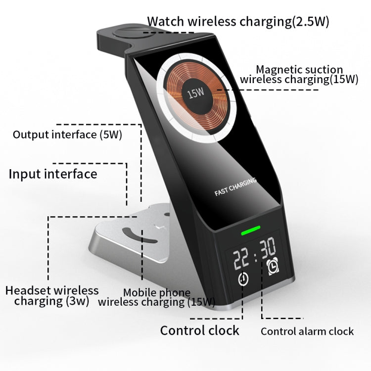 H27 15W 6 In 1 With Clock Function Magnetic Phone Wireless Charger For iWatch/AirPods(Black) - Apple Accessories by buy2fix | Online Shopping UK | buy2fix