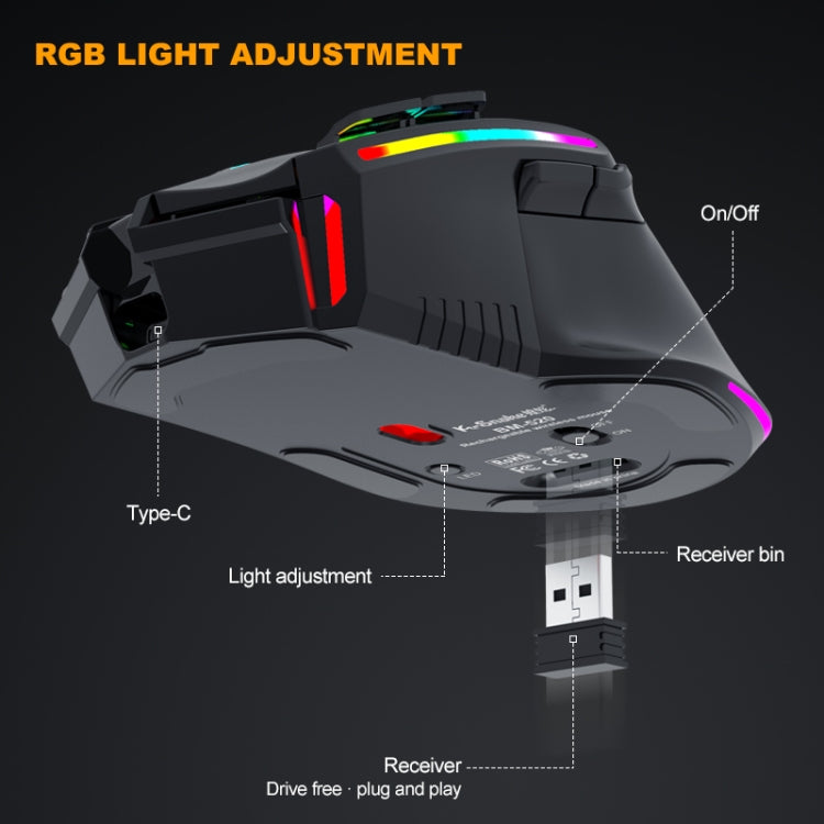 K-Snake BM520 9-button 3200DPI 2.4G RGB Wireless Dual-mode Gaming Mouse(Black) - Wireless Mice by K-Snake | Online Shopping UK | buy2fix