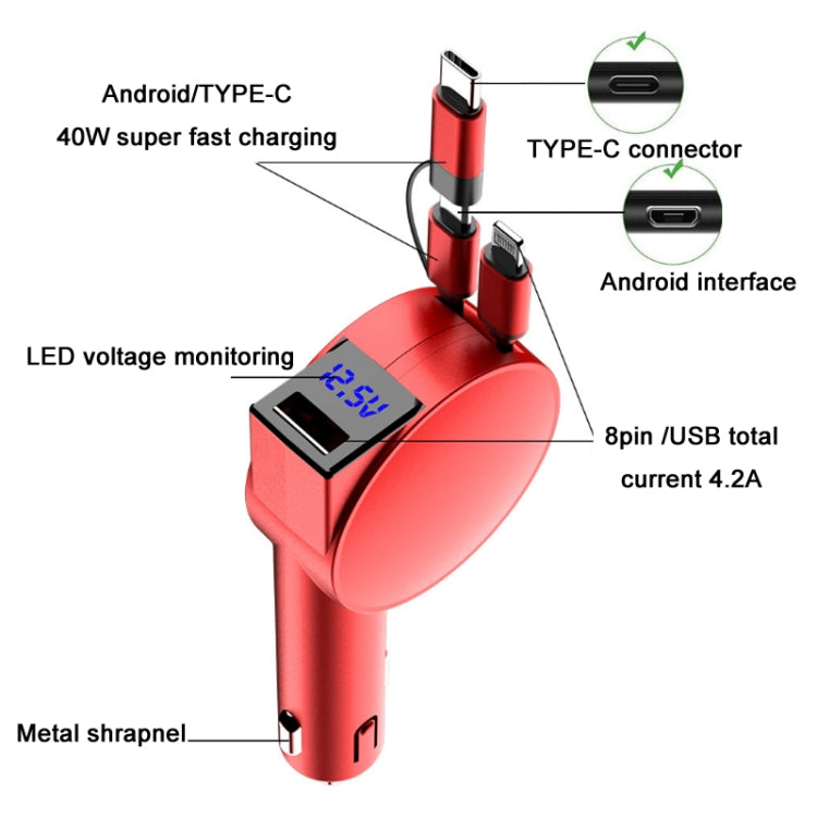 3 In 1 40W Fast Charging Dual Cable Retractable Car Charger(Black) - Car Charger by buy2fix | Online Shopping UK | buy2fix
