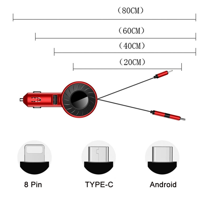 3 In 1 USB Dual Cable Single Pull Retractable Car Charger(Black) - Car Charger by buy2fix | Online Shopping UK | buy2fix