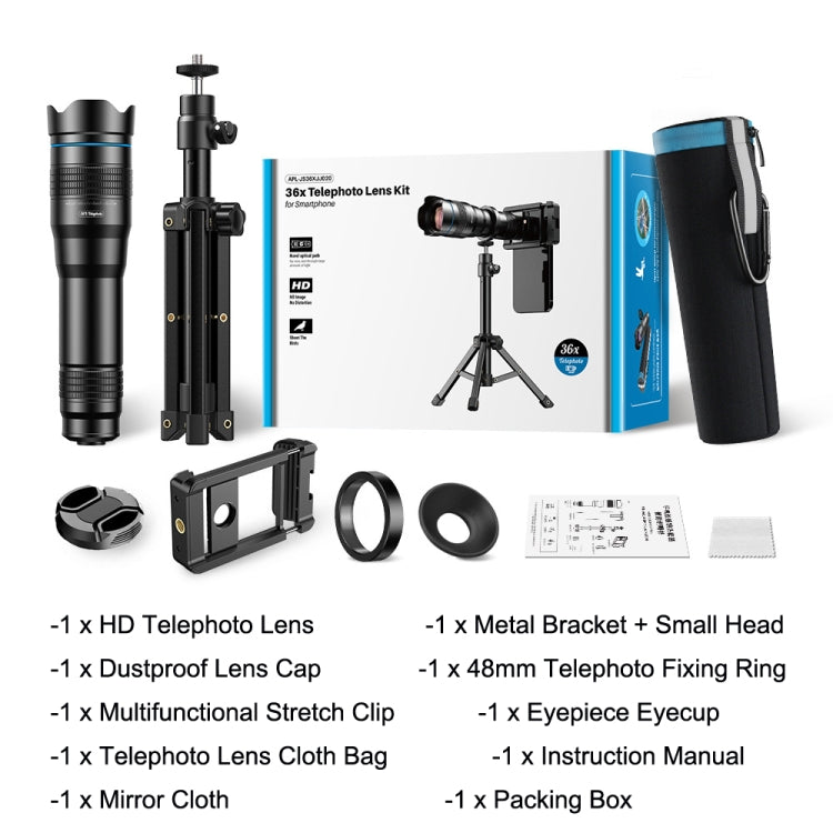 Apexel APL-36XJJ020 36X HD Telescope Universal Telephoto Phone Lens + Clip + Tripod Set by APEXEL