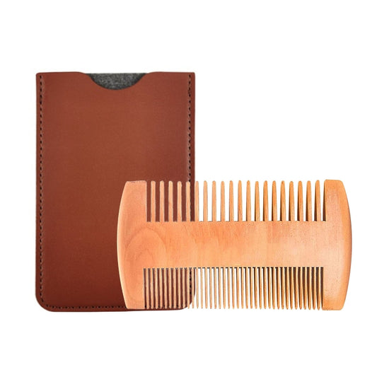 TW-BC90 Beard Wooden Comb Beard Shape Double-Sided Comb With PU Leather Case by buy2fix