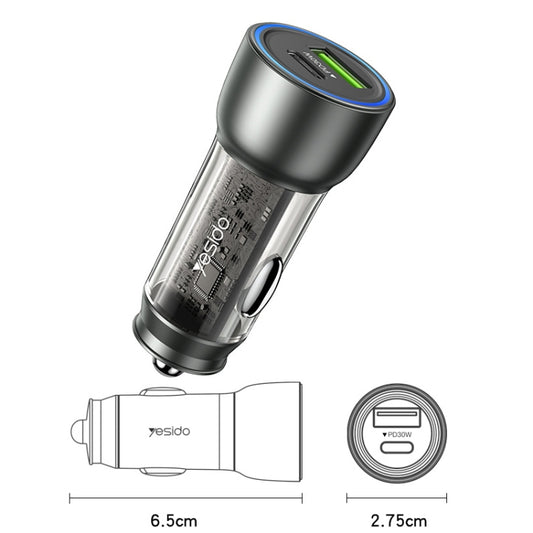 Yesido Y49 Car USB3.0 Fast Charger 30W Translucent PD Fast Charging(Black) by Yesido