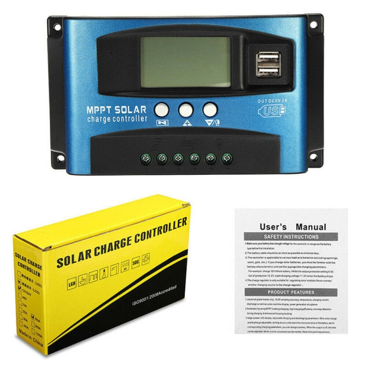 YCX-003 30-100A Solar Charging Controller with LED Screen & Dual USB Port Smart MPPT Charger, Model: 12/24/36/48/60V 100A by buy2fix