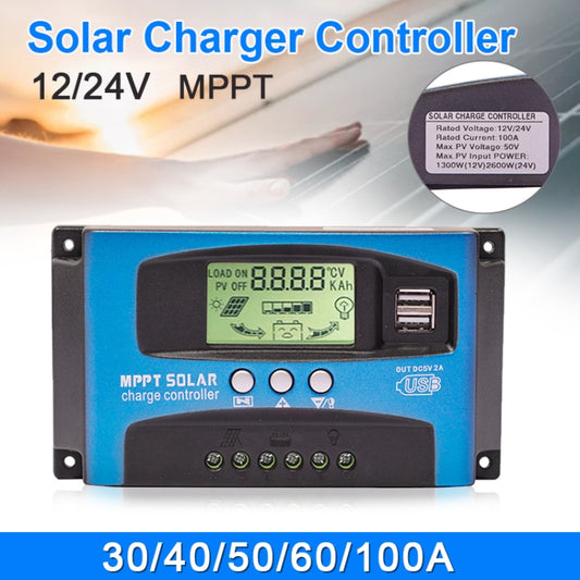 YCX-003 30-100A Solar Charging Controller with LED Screen & Dual USB Port Smart MPPT Charger, Model: 12/24V 30A by buy2fix