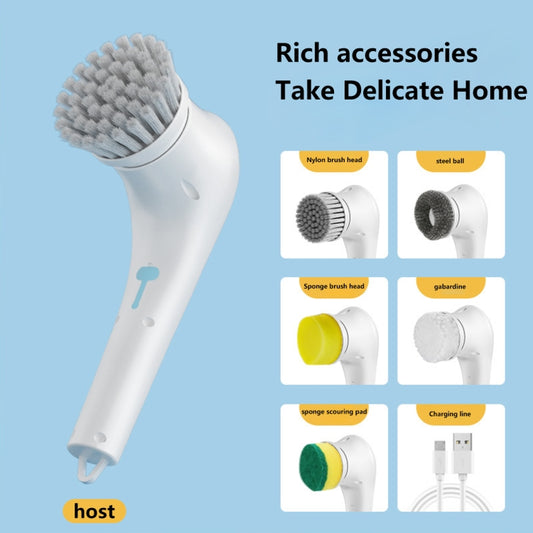Multifunctional Electric Cleaning Brush Handheld Kitchen Dishwashing Brush with 5 Replacement Heads(White) by buy2fix