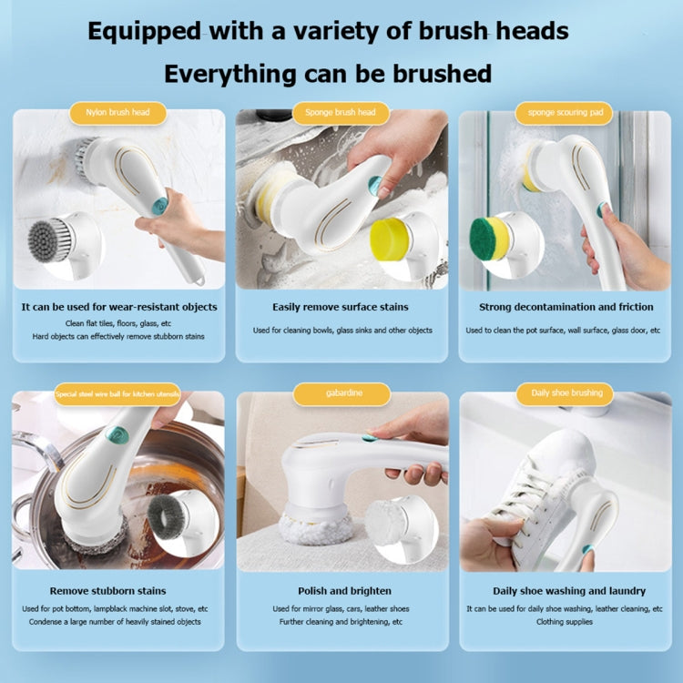 Multifunctional Electric Cleaning Brush Handheld Kitchen Dishwashing Brush with 5 Replacement Heads(White) by buy2fix