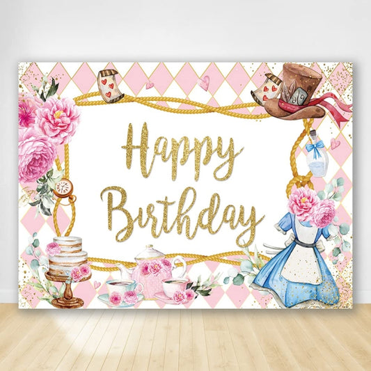 180 x 120cm Pink Flowers Cake Cartoon Birthday Background Cloth Birthday Decoration Banner Hanging Flags by buy2fix
