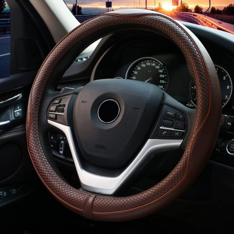 38cm Car Embossed Leather Steering Wheel Cover, Color: All Coffee - Steering Wheel Accessories by buy2fix | Online Shopping UK | buy2fix