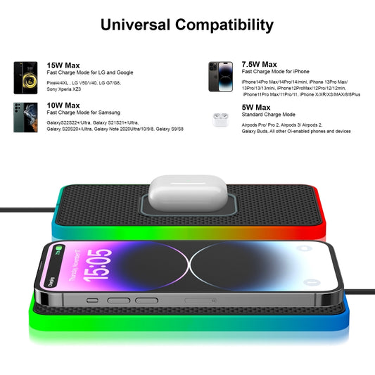 2 In 1 15W Car Mobile Phone Wireless Charger Non-slip Mat with Colorful Light USB-C/Type-C Cable 1m by buy2fix